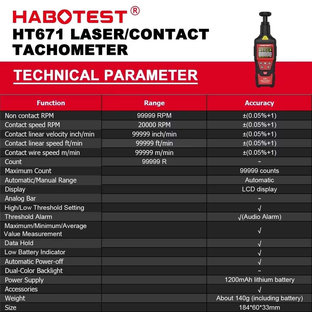 Industrial Laser Tachometer - HABOTEST HT671 2-w-1 Cyfrowy Tachometr Kontaktowy